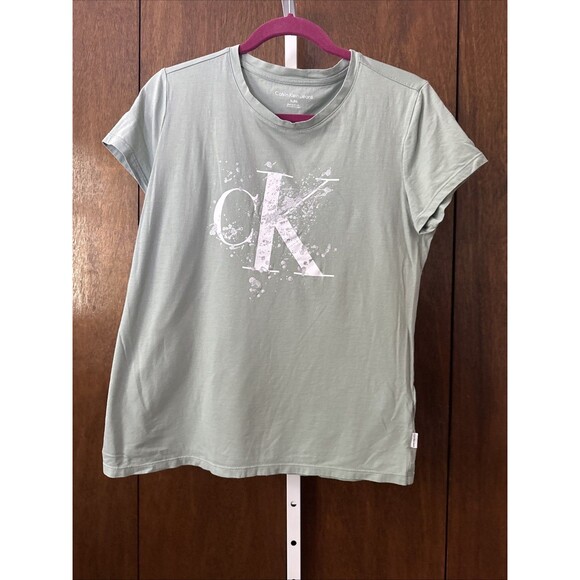 CALVIN KLEIN WOMENS SHORT SLEEVE Tee Sage Sz XL Lg Logo - Picture 4 of 5